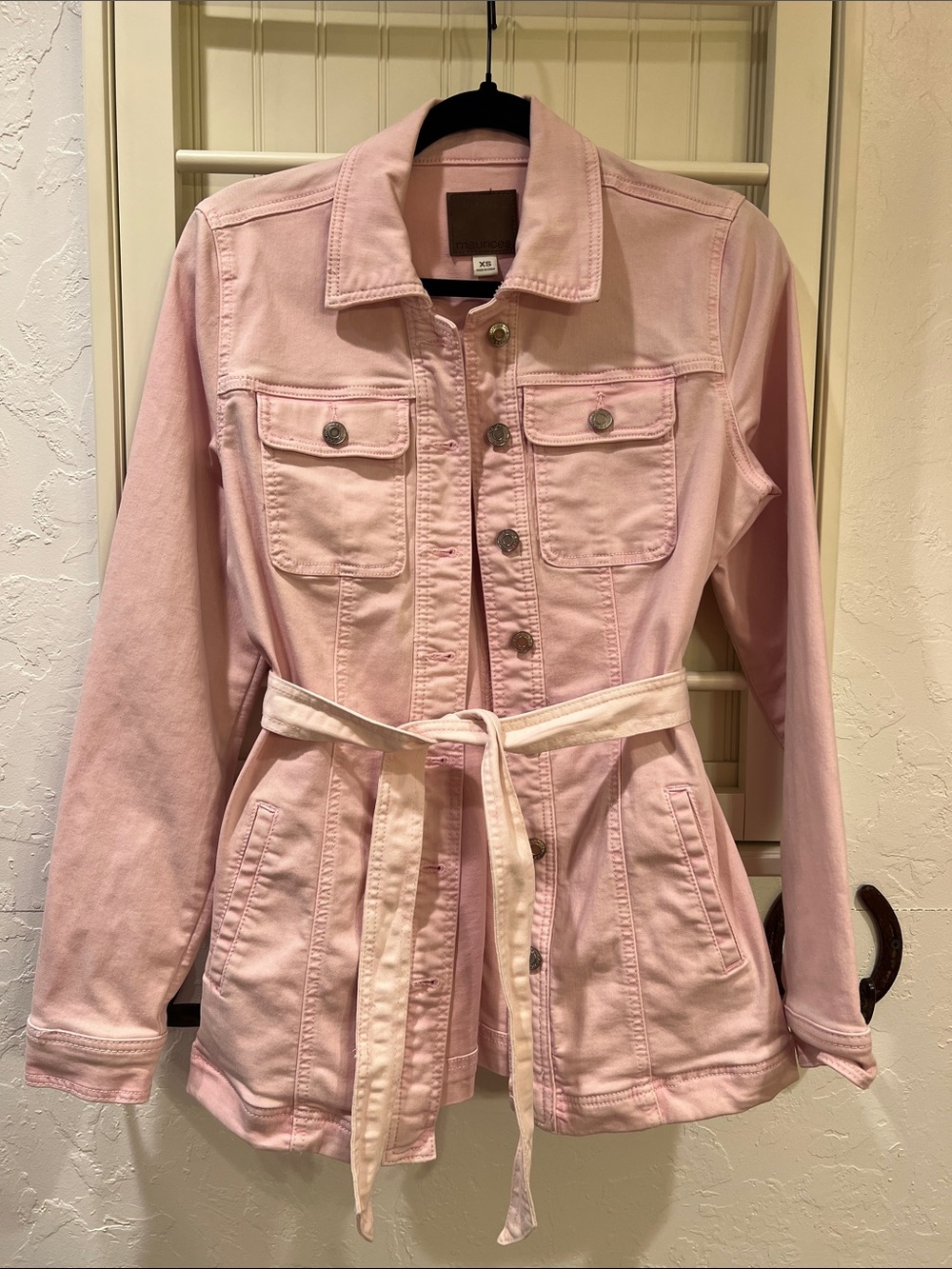 Maurices Light Pink Denim Jacket with Tie Waist